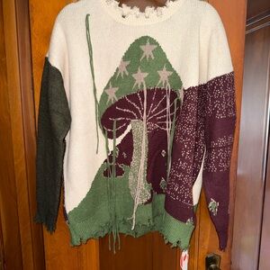 Cider distressed Mushroom Patterned Sweater - Green and Purple